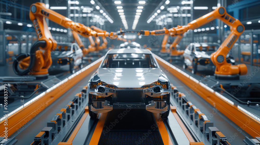 Car Factory, automated robot arms assembling cars