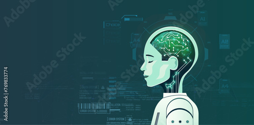 AI Technology Concept with Digital Human Profile and Brain Circuit. An artistic portrayal of AI with a side profile of a human head infused with a digital brain circuit on a tech-themed backdrop.