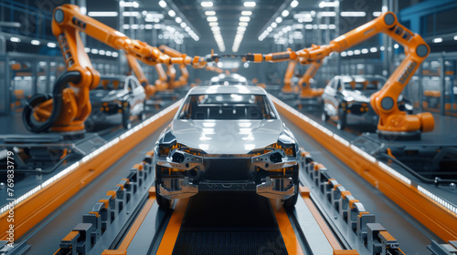 Car Factory, automated robot arms assembling cars