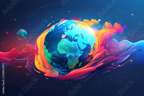An abstract illustration of a planet with weather patterns, representing meteorology and meteorological day. Can be used for science or environmental-related content. photo