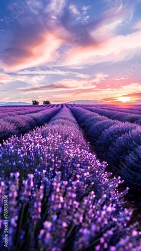 Lavender fields at sunset  soft purples and golds  low angle  peaceful  watercolor blend