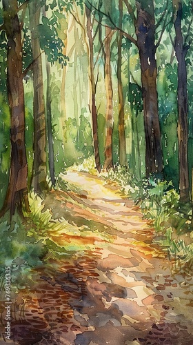 Enchanted forest path  rich greens and browns  eye level  watercolor magic
