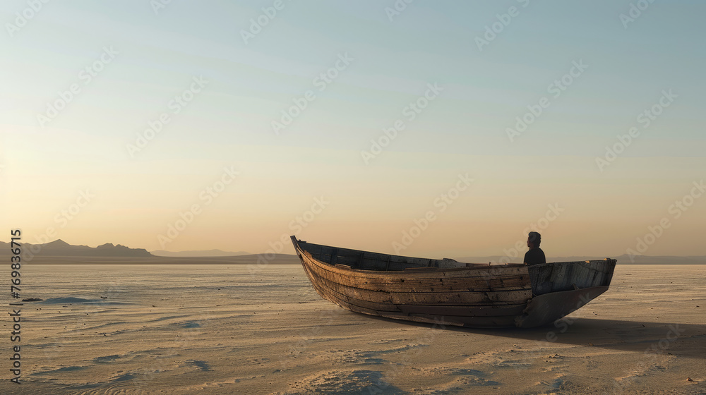 An unrecognizable man inside a wooden boat in the middle of the desert in a minimalist and surreal dream image An unrecognizable man inside a wooden boat in the middle of the desert in a minimalist and surreal dream image
