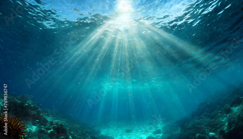 Sunbeams Dance in Deep Blue: Breathtaking Underwater View of Ocean Waves in Crystal-Clear Water © The Perfect Moment