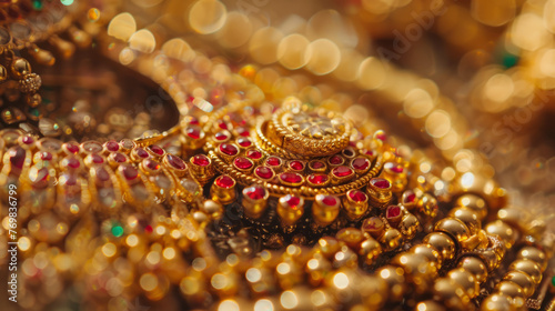 Macro photography revealing the glistening details of embellished gold bridal jewelry, reflecting luxury and tradition