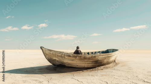 An unrecognizable man inside a wooden boat in the middle of the desert in a minimalist and surreal dream image