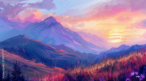 Colorful mountain landscape illustration, sunset, desktop background