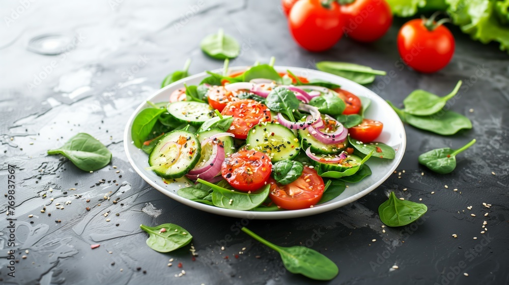 Fresh vegetable salad with tomatoes, cucumbers, onions, spinach, lettuce, and sesame seeds. Healthy diet menu Fresh vegetable salad with tomatoes, cucumbers, onions, spinach, lettuce, and sesame seeds. Healthy diet menu