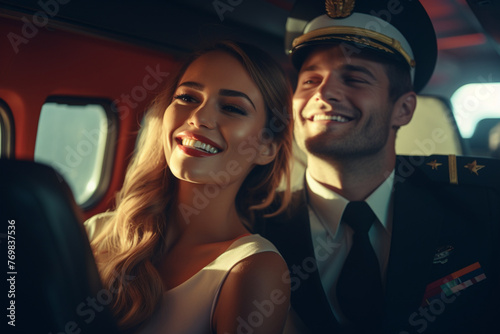 Young pilot and beautiful stewardess sitting together inside airplane cabin waiting for take off. Side view