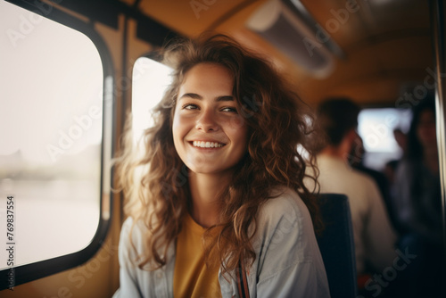 Young smiling woman holding onto a handle while traveling by public bus  © Ahmed