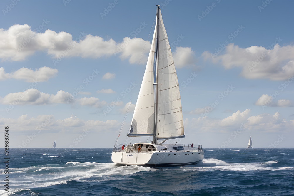 a white sailboat in the middle of the ocean, a stock photo 