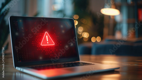 An emergency alert symbol displayed on a laptop screen,