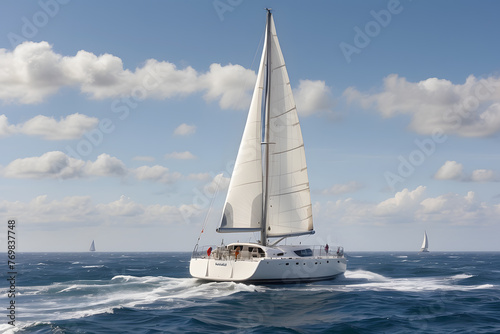 a white sailboat in the middle of the ocean, a stock photo  © Mahmud