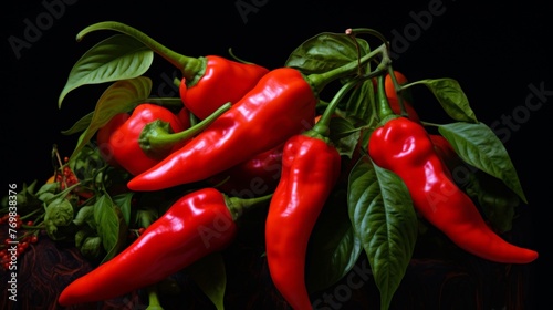 Macro close-up photo of chilli peppers, vibrant colors 