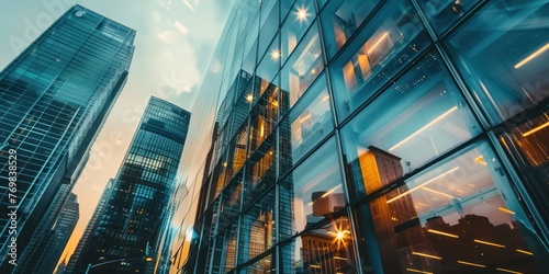 A close-up shot of a glass office building reflecting the surrounding cityscape. 