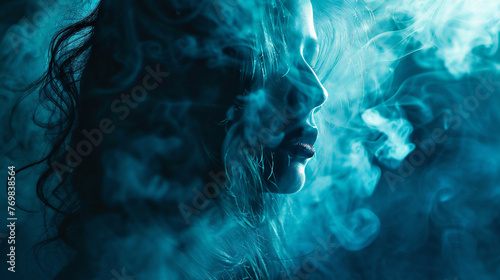 Mujer misteriosa con cabello ondulado, su rostro parcialmente oscurecido por el humo y las sombras photo