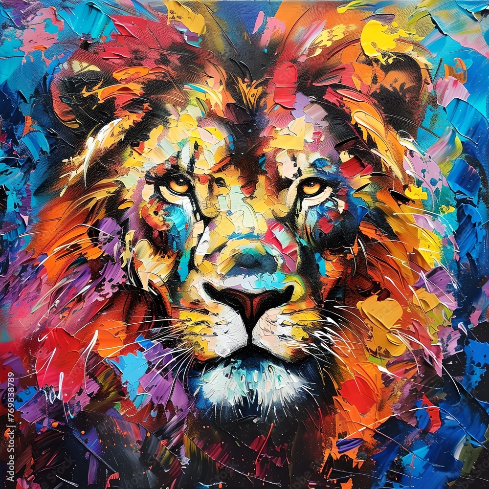 Colorful Abstract Lion Painting, Modern Art Style, Expressive Wildlife Artwork. A Bold Statement for Home Decor. AI