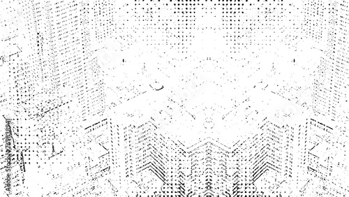 Pixel disintegration, decay effect. Various rectangular elements made of round shapes. Pixel city view background. photo