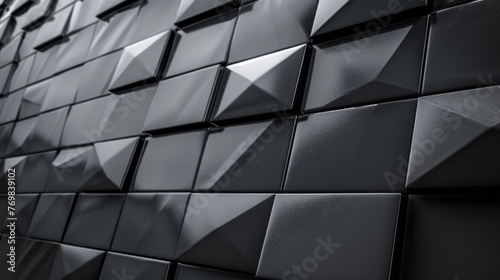 Wall background with tiles. Triangular, wallpaper with 3D black blocks