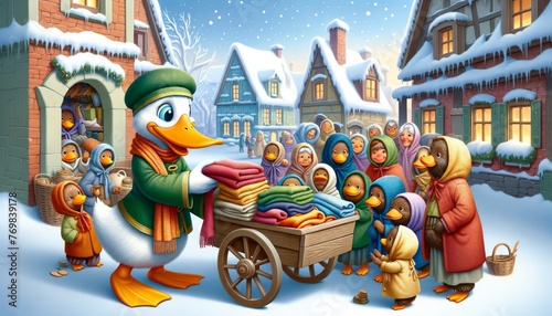 Christmas Market Scene with Duck Characters in a Snowy Village