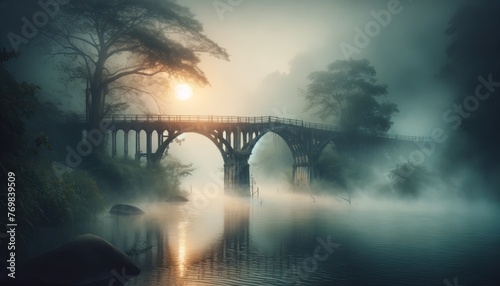 Misty Sunrise Over a Serene Lake with an Arched Bridge