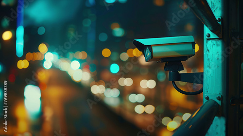 Surveillance camera and night street in blurred background