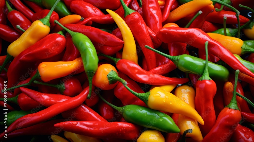 Macro close-up photo of chilli peppers, vibrant colors
