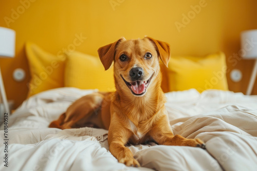 Happy ginger mixed breed dog in luxurious bright colors scandinavian style bedroom with king-size bed.