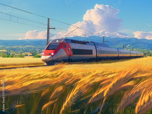 High-speed train in motion on a sunny day, with golden wheat field and blue sky in the background.