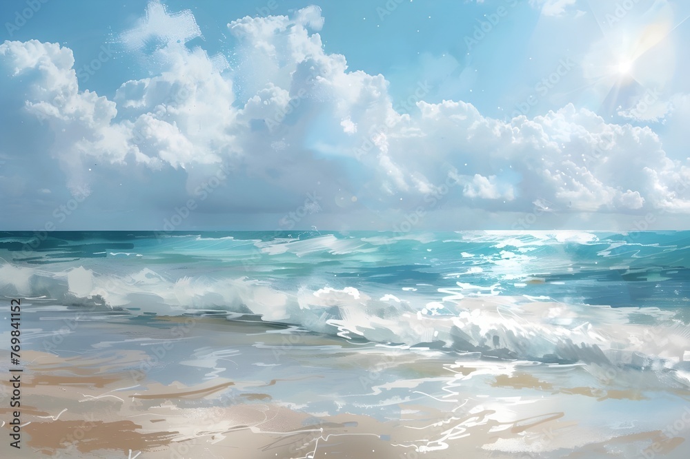 Tropical landscape with a sea beach, blue waves and white cumulus clouds on the sunny horizon. Tropical landscape with a sea beach, blue waves and white cumulus clouds on the sunny horizon.