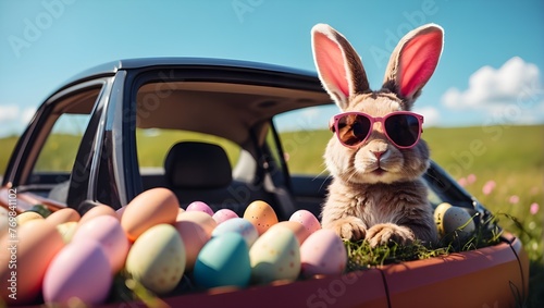 Cute Easter Bunny with sunglasses looking out of a car filed with easter eggs, Generative AI © Shani Studio