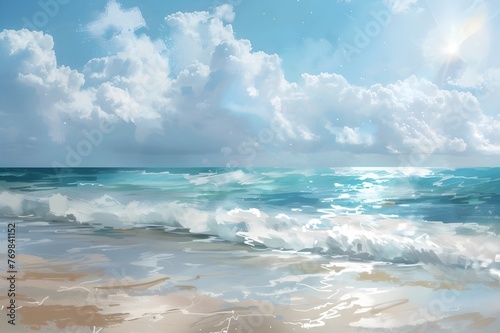 Tropical landscape with a sea beach, blue waves and white cumulus clouds on the sunny horizon.