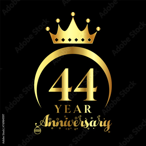 44 Year Anniversary wedding wish lettering text with crown vector illustration.