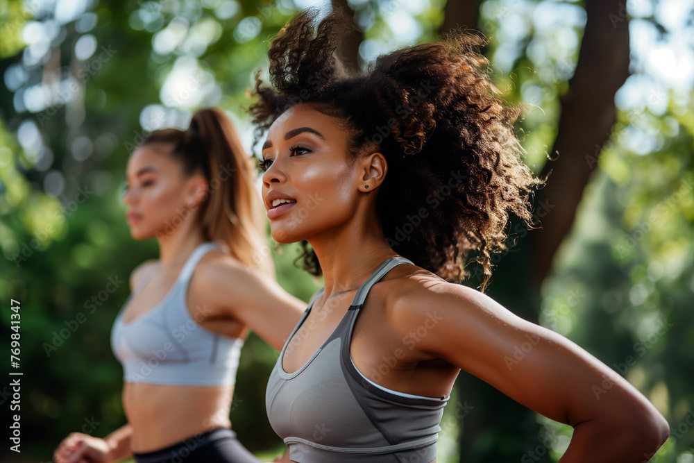two young black women jogging in park, diversity, sport, fitness 