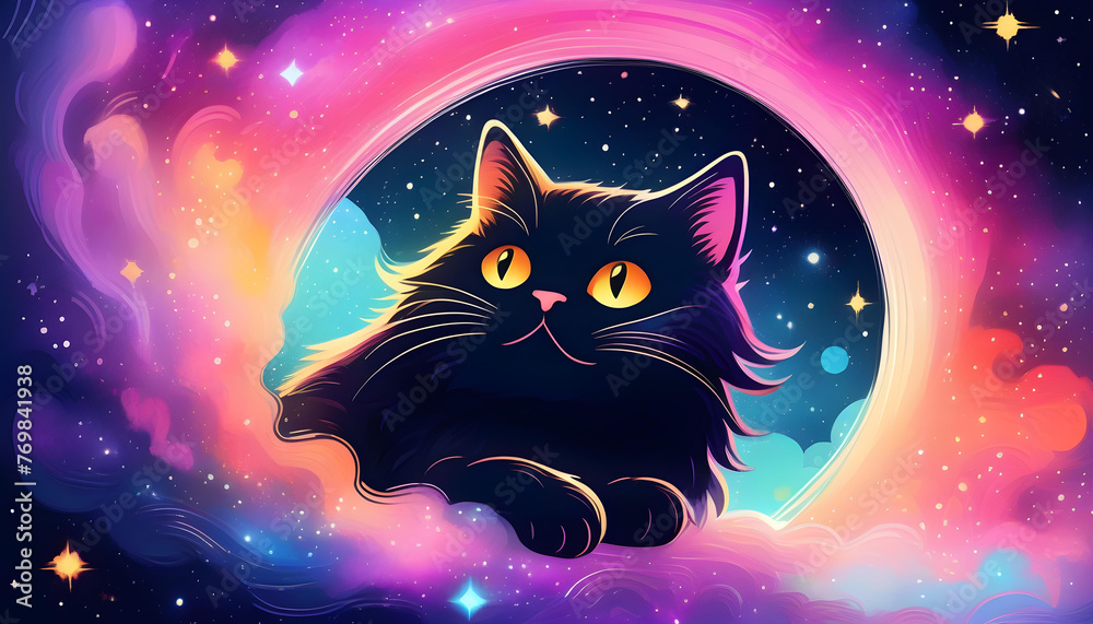 black cat in a floating in outer space with a dreamlike background of galaxies and stars