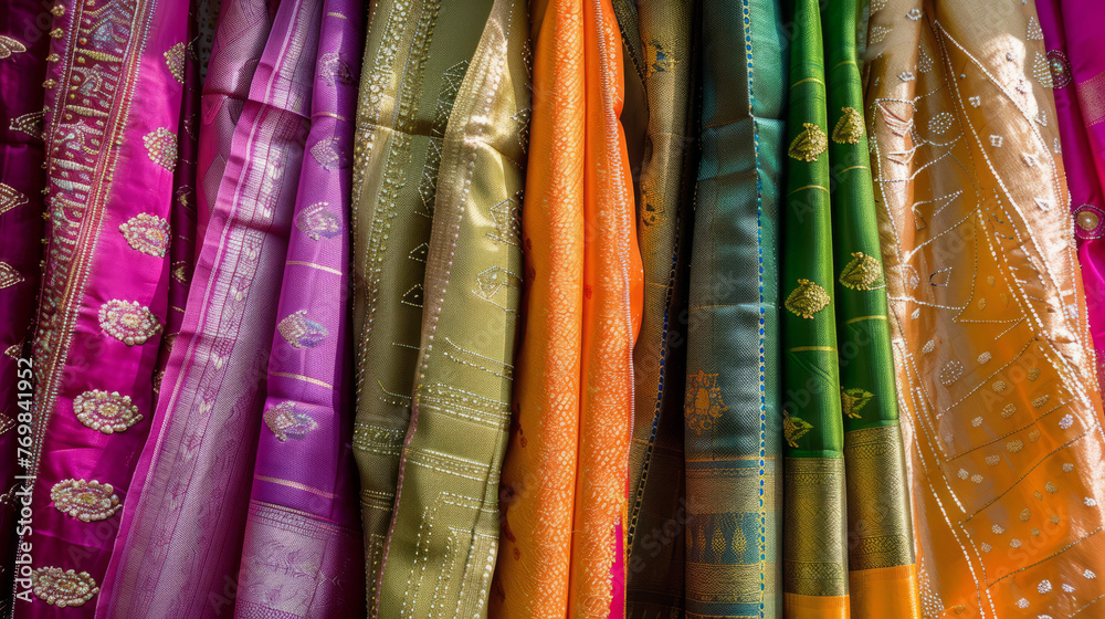 A close-up view showcasing the intricate designs and vibrant colors of traditional Indian sarees