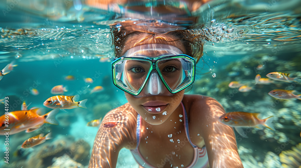 Naklejka premium Woman with mask or goggles snorkeling underwater on a beach or sea with clear water, turquoise water, tropical fish, scuba diving.