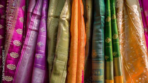 A close-up view showcasing the intricate designs and vibrant colors of traditional Indian sarees