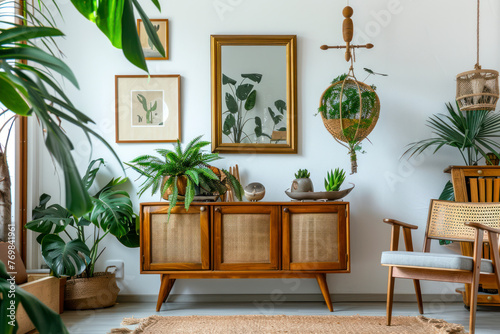Stylish and retro space of home interior with gold mock up frame, vintage cupboard with accessories and plants composition. Cozy home decor. © Hunman