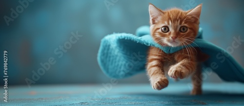 Felidae Cat with electric blue blanket running, showcasing whiskers and tail