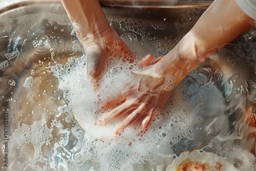 Detailed  illustration of womans hands scrubbing dishes in well-lit kitchen sink