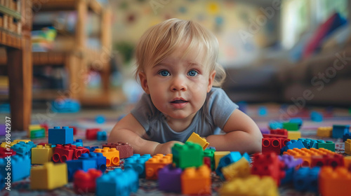 Child's Creative Exploration: Building a Tower with Colorful Blocks, Early Learning and Fine Motor Skills Development in Playful Education