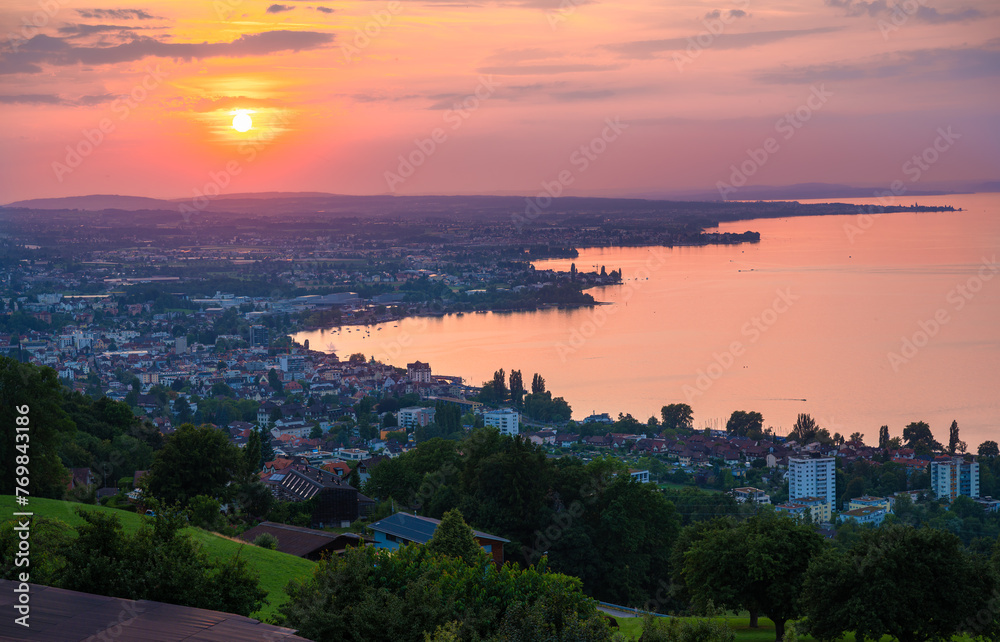 Glowing sky at sunset over Rorschach at Lake Constance in Switzerland