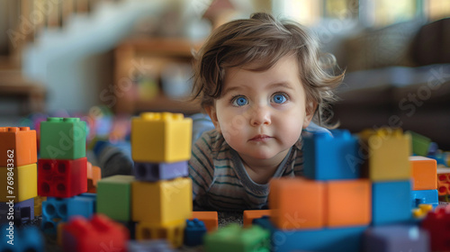 Child's Creative Exploration: Building a Tower with Colorful Blocks, Early Learning and Fine Motor Skills Development in Playful Education