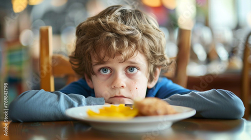 A scene of a kid looking at their breakfast plate, noticeably unhappy with the food,