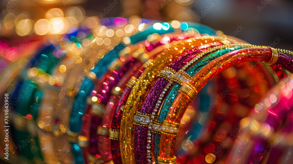 Sparkling bangles in multiple colors representing the accessorizing element in Indian fashion