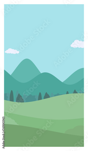 Vertical natural landscape with mountains, trees, blue sky and clouds. High green mountains with forest for social media stories, posters, postcard. Nature background. Colored flat vector illustration