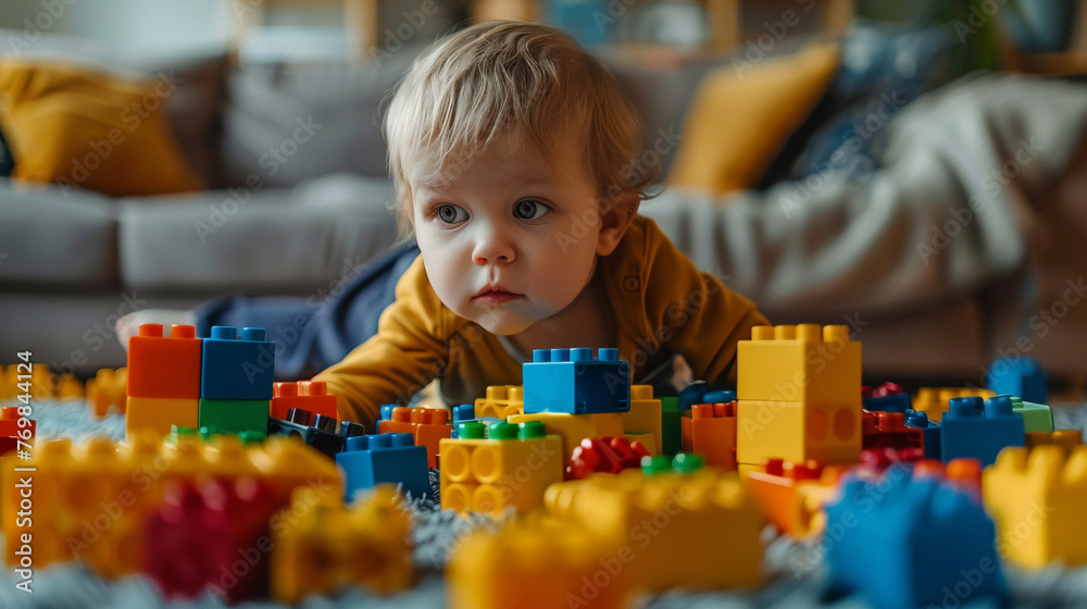Child's Creative Exploration: Building a Tower with Colorful Blocks, Early Learning and Fine Motor Skills Development in Playful Education Child's Creative Exploration: Building a Tower with Colorful Blocks, Early Learning and Fine Motor Skills Development in Playful Education