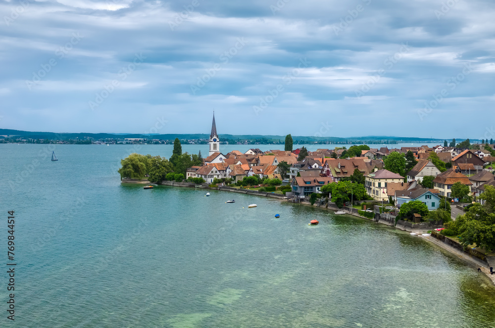 Aerial view of Berlingen, Lake Constance, Canton of Thurgau, Switzerland