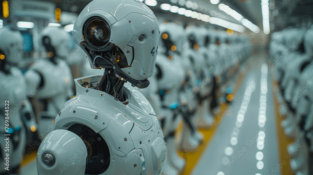 Fototapeta premium a Textile manufacturing where robots workers winding thread, sewing, stripping